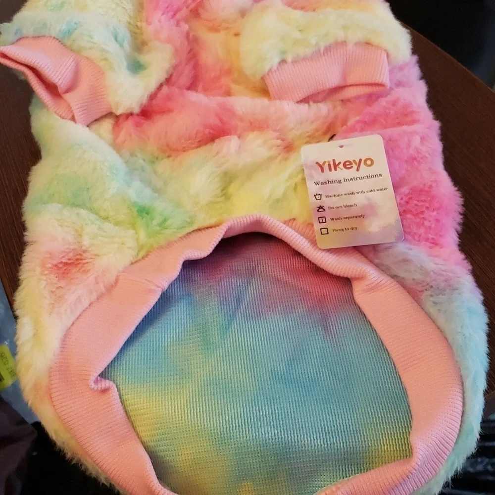 Yikeyo Tie Dye Fleece Coat in Pink, Blue, Purple and Yellow with a Bow Size L
